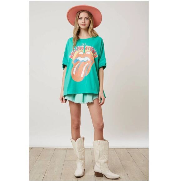 Fantastic Fawn Rolling Stones Green Oversized Shirt Tongue Graphic Womens Medium - Picture 11 of 12
